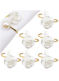 KASTWAVE Napkin Rings, White Rose Pearl Dining Table Napkin Ring Holder, Vintage Paper Towel Rings for Valentine's Day Wedding Banquet Home Table Decorations 6 Pcs  - Image 1