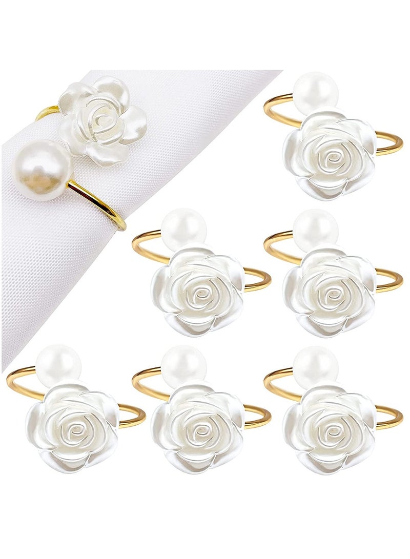 KASTWAVE Napkin Rings, White Rose Pearl Dining Table Napkin Ring Holder, Vintage Paper Towel Rings for Valentine's Day Wedding Banquet Home Table Decorations 6 Pcs  - Image 1