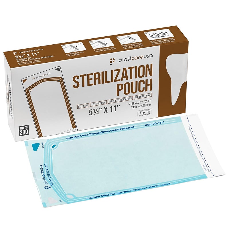 PlastCare USA Store 200 5.25 x 10 Self Sealing Sterilization Pouches - Autoclave Sterilizer Bags Pouch for Sterilizing Dental Medical Instruments and Cleaning Tools - Latex-Free, Color Changin Indicator by - Image 1