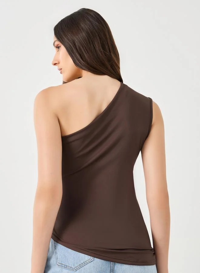 Styli Styli Brown Asymmetrical Neck Gathered Top