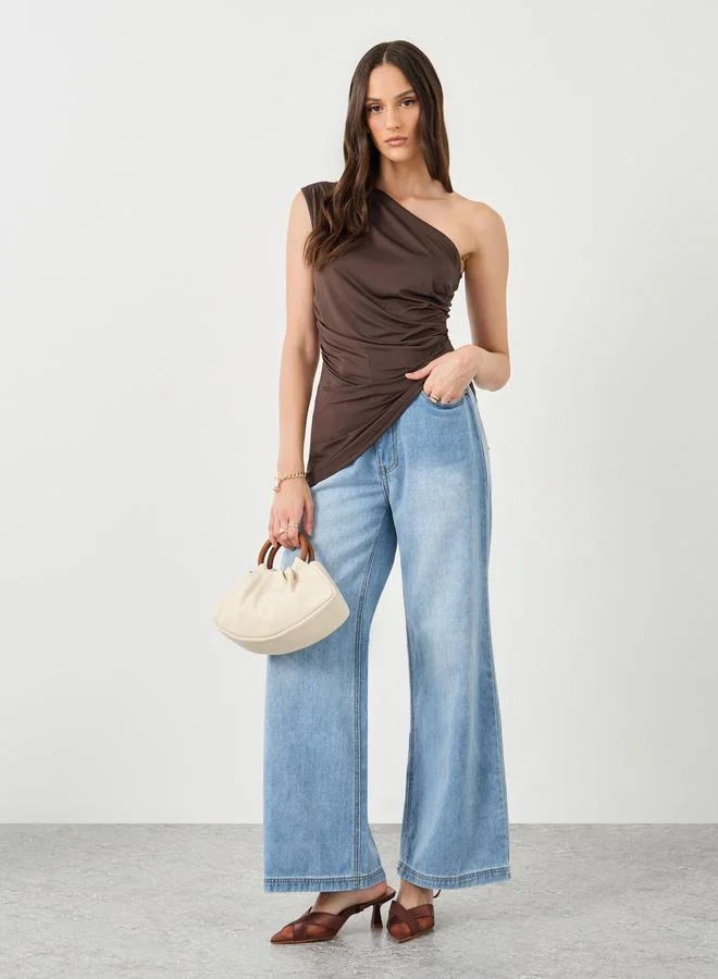 Styli Styli Brown Asymmetrical Neck Gathered Top