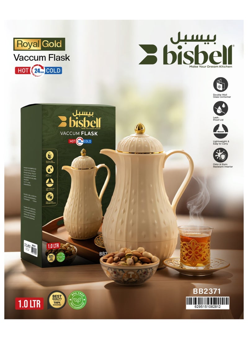Bisbell Royal Gold Vacuum Flask 1.0L Double Wall Insulated Thermal Coffee & Tea Pot, 24-Hour Hot & Cold, Leak-Proof Lid, Cream White - Image 5