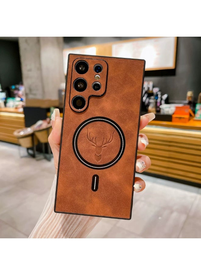 Lambskin Leather Elk Pattern Case For Samsung S24 Ultra Shockproof Magnetic For Magsafe Wireless Charge Cover Soft Faux Leather Phone Case,[Compatible with Mag-Safe] Premium Protective Cover (Brown) - Image 2