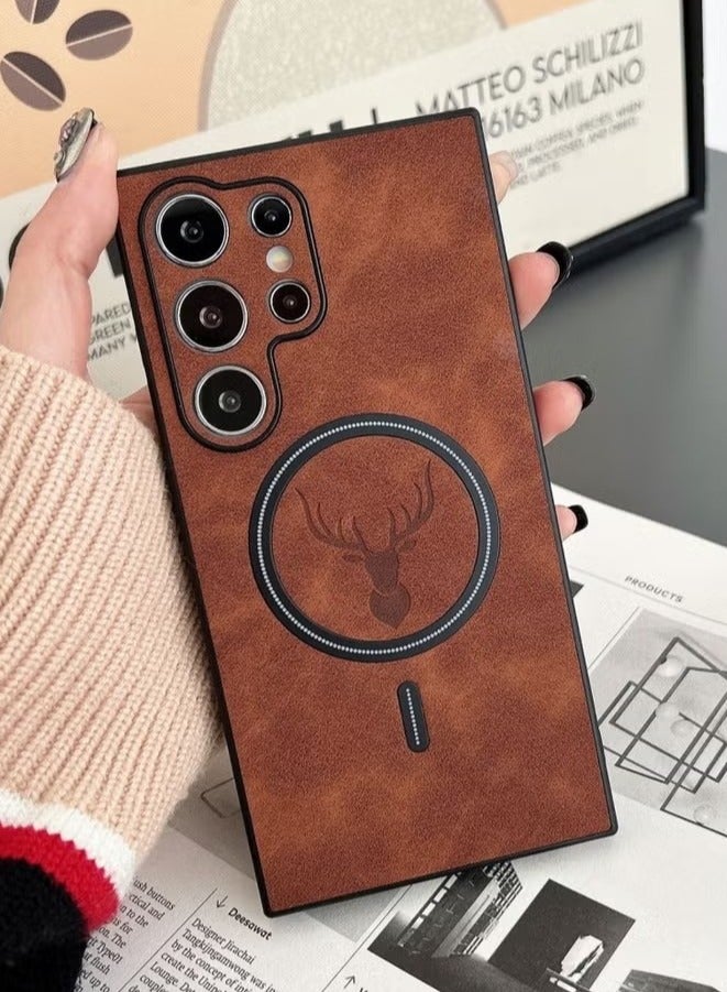 Lambskin Leather Elk Pattern Case For Samsung S24 Ultra Shockproof Magnetic For Magsafe Wireless Charge Cover Soft Faux Leather Phone Case,[Compatible with Mag-Safe] Premium Protective Cover (Brown)  - Image 1