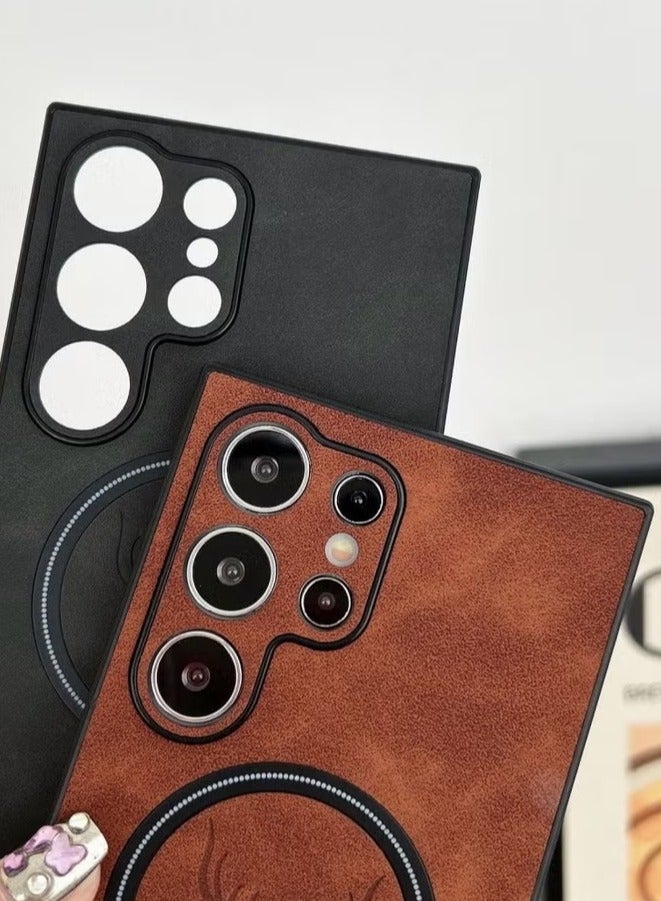 Lambskin Leather Elk Pattern Case For Samsung S24 Ultra Shockproof Magnetic For Magsafe Wireless Charge Cover Soft Faux Leather Phone Case,[Compatible with Mag-Safe] Premium Protective Cover (Brown)  - Image 2