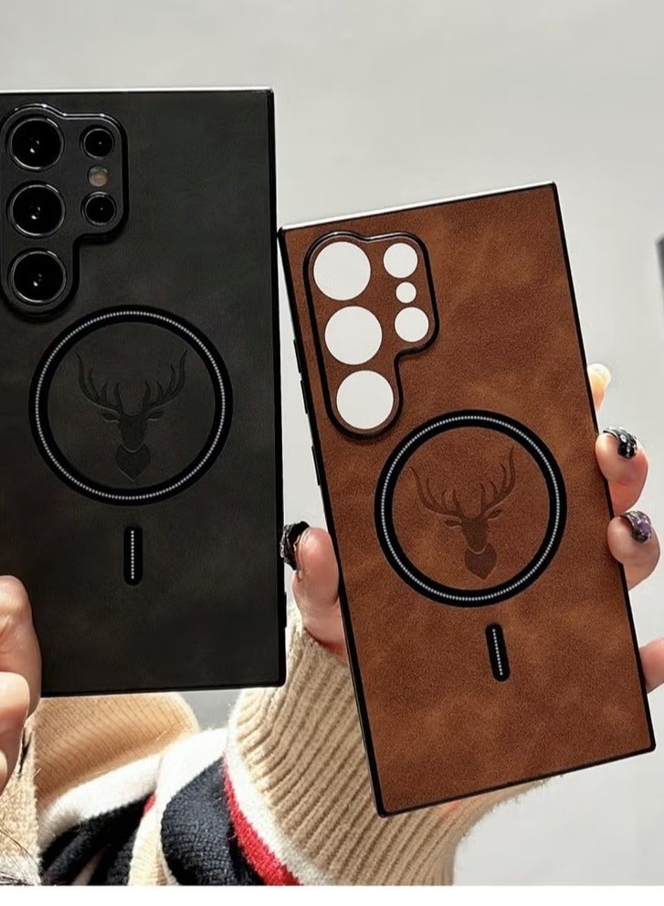 Lambskin Leather Elk Pattern Case For Samsung S24 Ultra Shockproof Magnetic For Magsafe Wireless Charge Cover Soft Faux Leather Phone Case,[Compatible with Mag-Safe] Premium Protective Cover (Brown)  - Image 5
