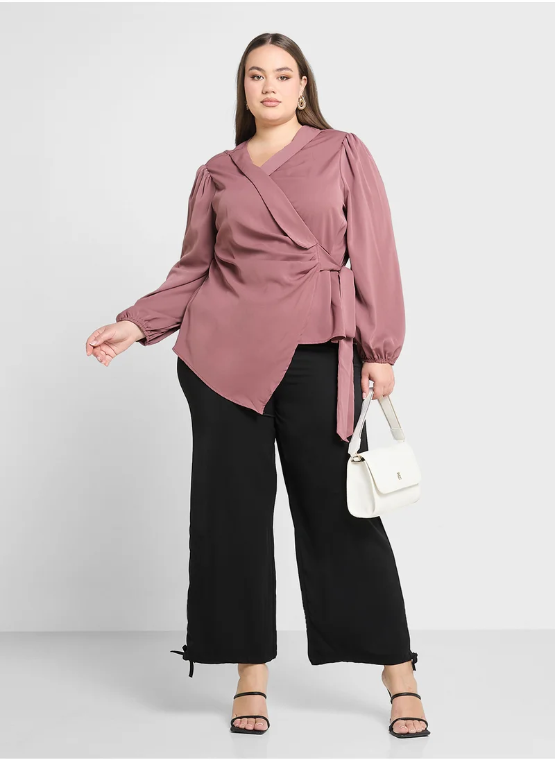 Ginger Plus V Neck Wrap Tie Up Blouse