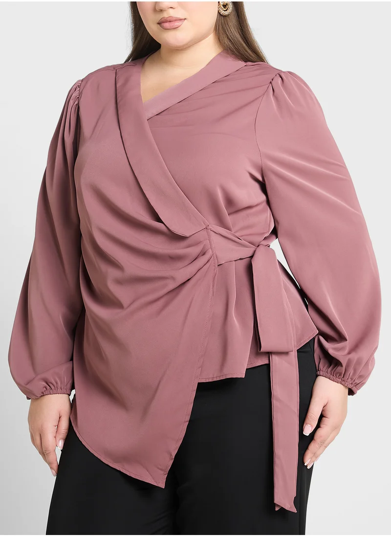 Ginger Plus V Neck Wrap Tie Up Blouse
