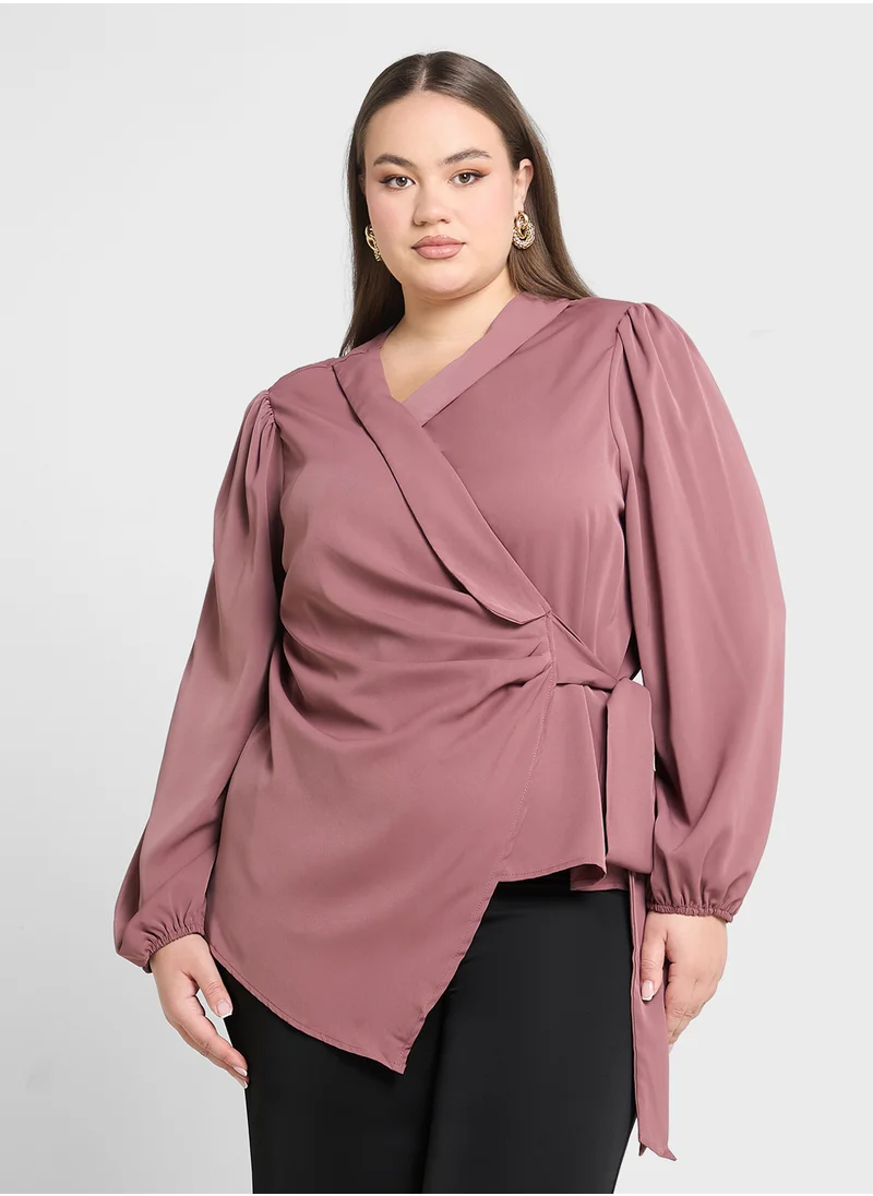 Ginger Plus V Neck Wrap Tie Up Blouse