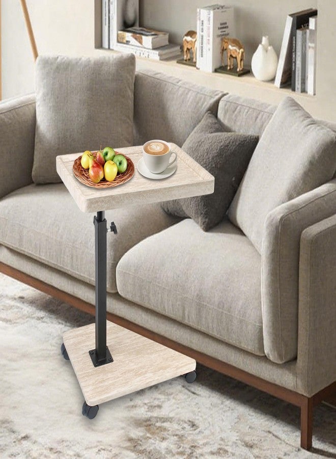 Simcat Adjustable Height C Shaped End Table, 360° Swivel Side Table TV Tray for Small Place, Couch Tables with Wheels Sofa, Bed, Chair (White Grain) - Image 2