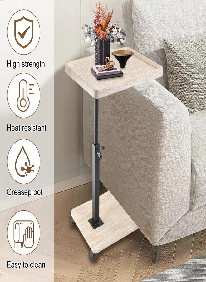 Simcat Adjustable Height C Shaped End Table, 360° Swivel Side Table TV Tray for Small Place, Couch Tables with Wheels Sofa, Bed, Chair (White Grain) - Image 5