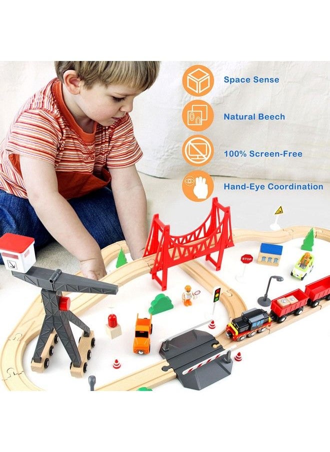 Generic - Wooden Train Set, 56Piece Deluxe Kids Toy Train Set For 2 3 4 5 Year Old Boy, Cargothemed Train Track With Tower Crane & Suspension Bridge Fits Thomas Brio Chuggington Melissa Orbrium - Image 1
