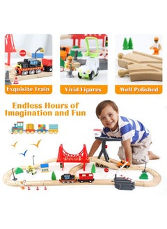 Generic Wooden Train Set, 56Piece Deluxe Kids Toy Train Set For 2 3 4 5 Year Old Boy, Cargothemed Train Track With Tower Crane & Suspension Bridge Fits Thomas Brio Chuggington Melissa Orbrium  - Image 3