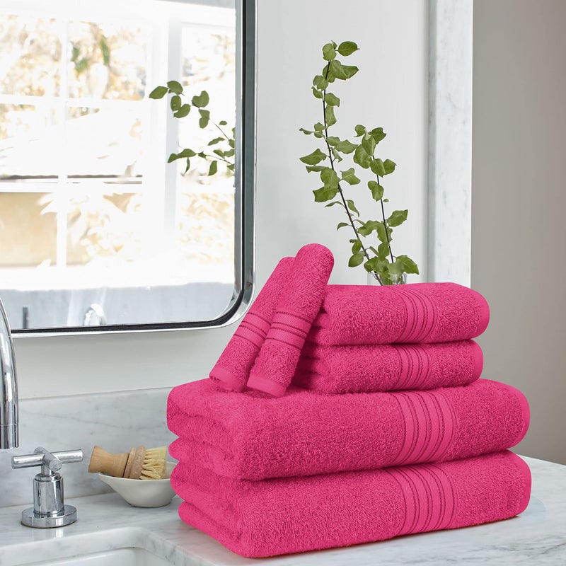BOUTIQUO 6 Pack Cotton Towel Set  Contains 2 Bath Towels 28x55 inch  2 Hand Towels 16x24 inch & 2 Wash Coths 12x12 inch  Ideal Everyday use  Ultra Soft Compact & Lightweight - Hot Pink - Image 3