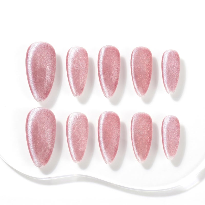 Sun&Beam Nails Handmade Press-on Medium Long Almond Fuchsia Pink Cat Eye Design Charming False Nail Tips 10 Pcs (#124 L) - Image 3