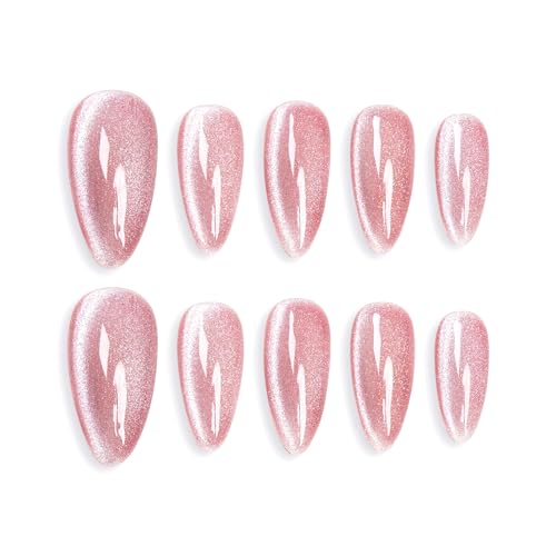 Sun&Beam Nails Handmade Press-on Medium Long Almond Fuchsia Pink Cat Eye Design Charming False Nail Tips 10 Pcs (#124 L) - Image 1