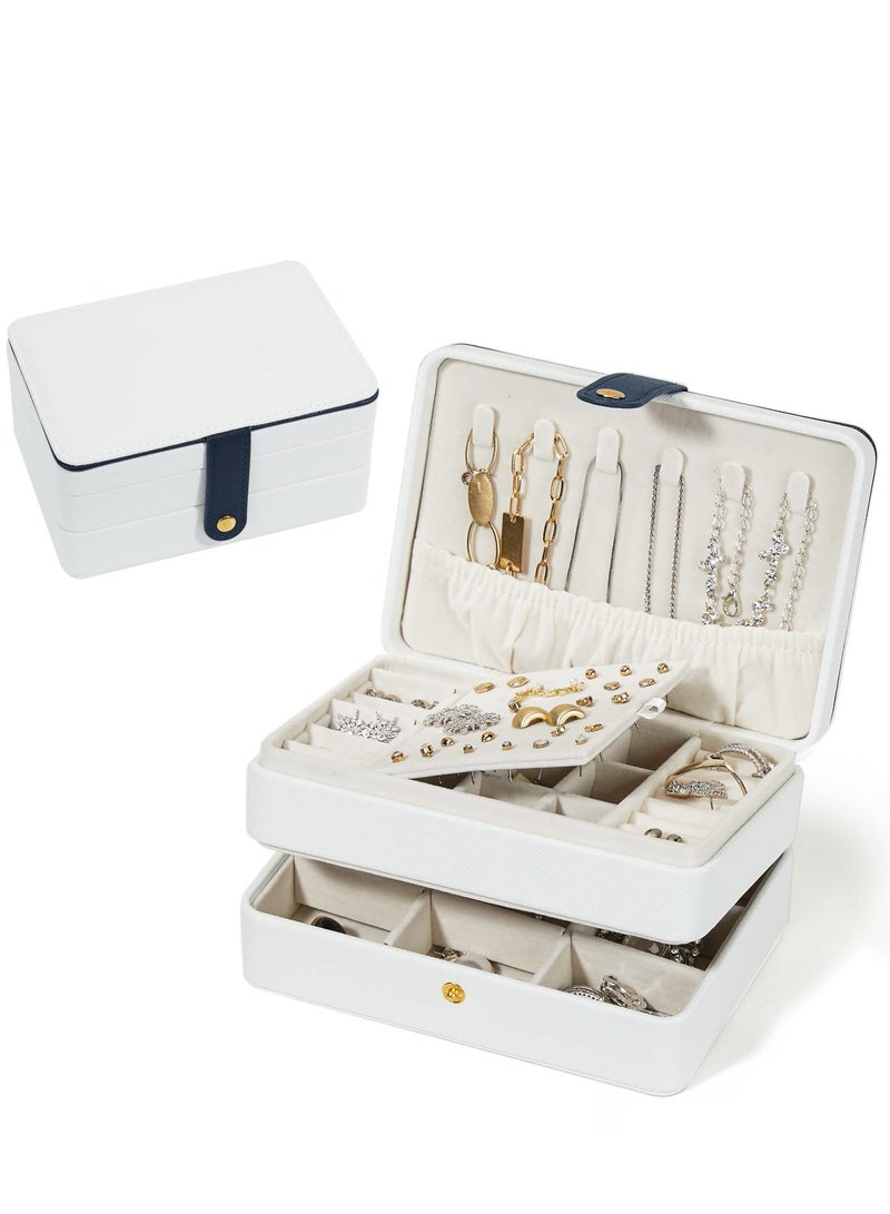 SYOSI Travel Jewelry Organizer, Pu Leather Portable Jewelry Case for Women Girls, Small Double Layer Travel Jewelry Box for Stud Earrings, Rings, Necklaces, Bracelets, White - Image 1