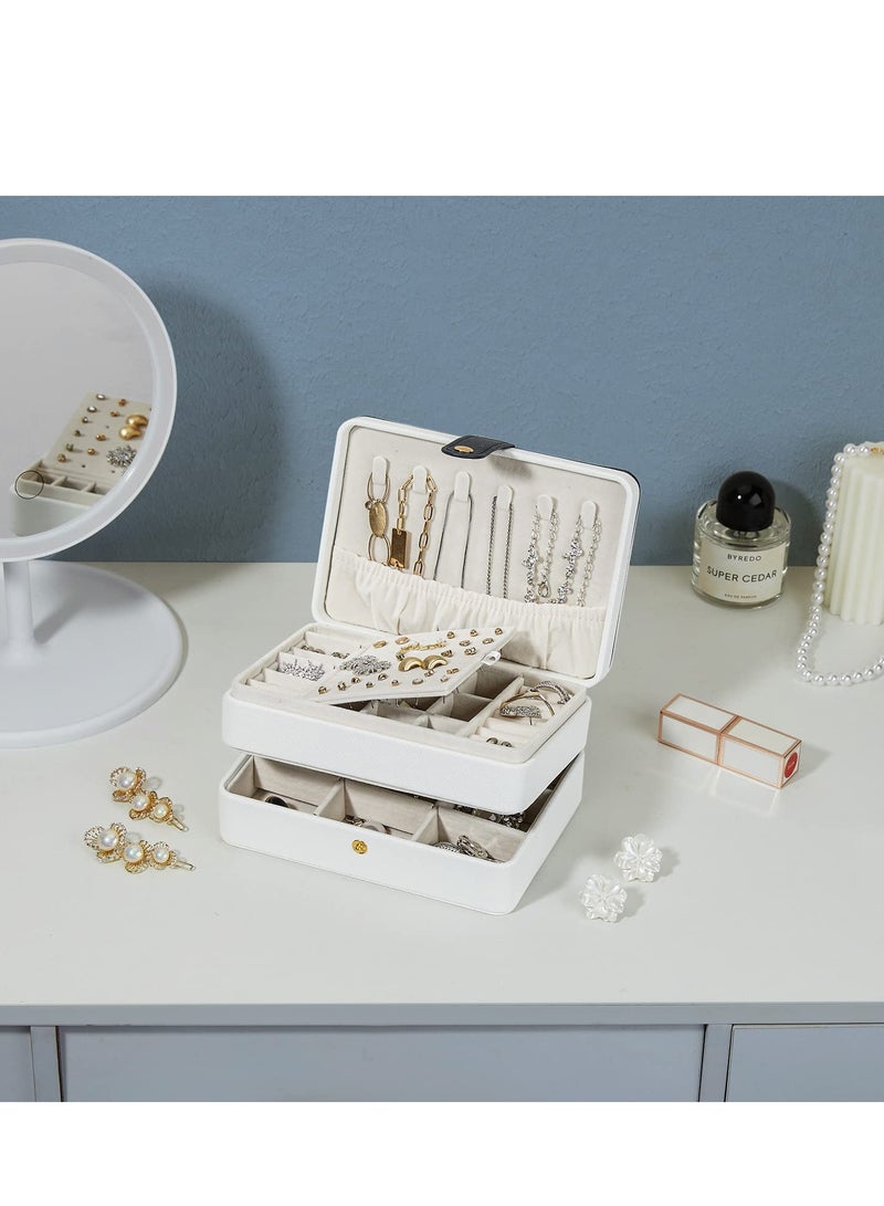 SYOSI Travel Jewelry Organizer, Pu Leather Portable Jewelry Case for Women Girls, Small Double Layer Travel Jewelry Box for Stud Earrings, Rings, Necklaces, Bracelets, White - Image 4