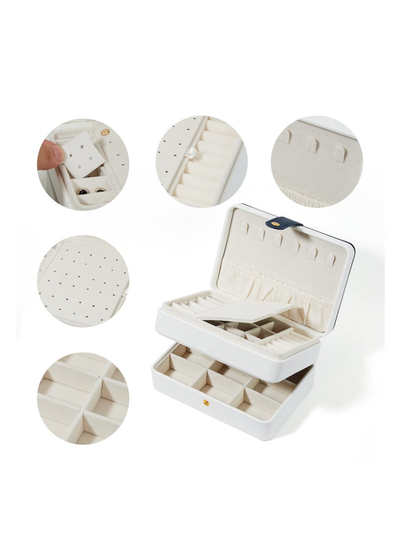 SYOSI Travel Jewelry Organizer, Pu Leather Portable Jewelry Case for Women Girls, Small Double Layer Travel Jewelry Box for Stud Earrings, Rings, Necklaces, Bracelets, White - Image 2