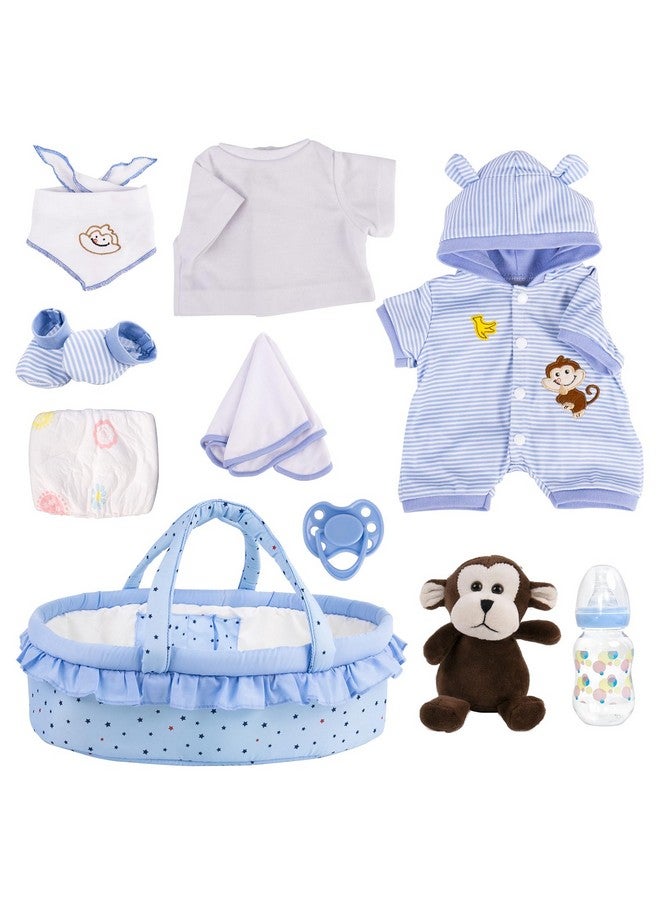 Aori 9 Pcs Reborn Baby Dolls Outfit Set With Bassinet Accessories For 16-18 Inch Baby Doll, Blue Carrier Bed And Baby Doll Clothes Fit Newborn Baby Dolls - Image 1