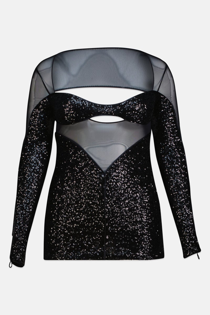 PINKO فستان حفلة قصير بأكمام طويلة مزين بالخرز، أسود - Image 2