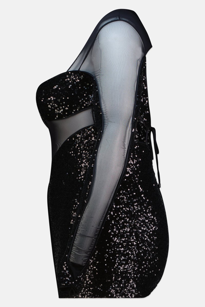 PINKO فستان حفلة قصير بأكمام طويلة مزين بالخرز، أسود - Image 4