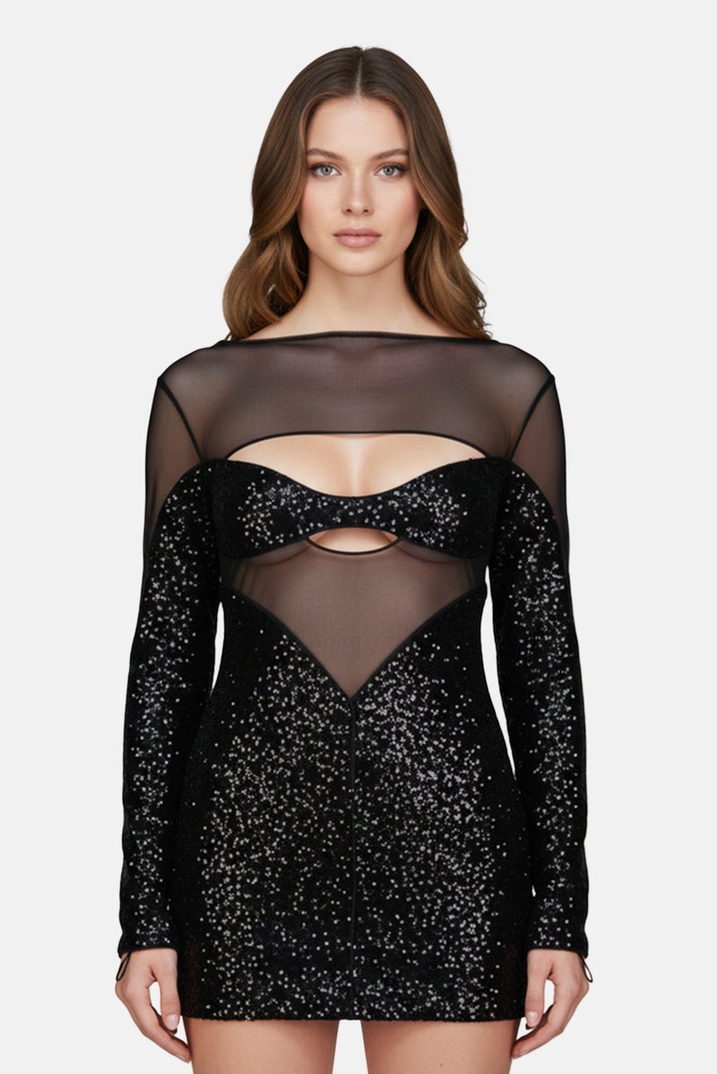 PINKO فستان حفلة قصير بأكمام طويلة مزين بالخرز، أسود - Image 1