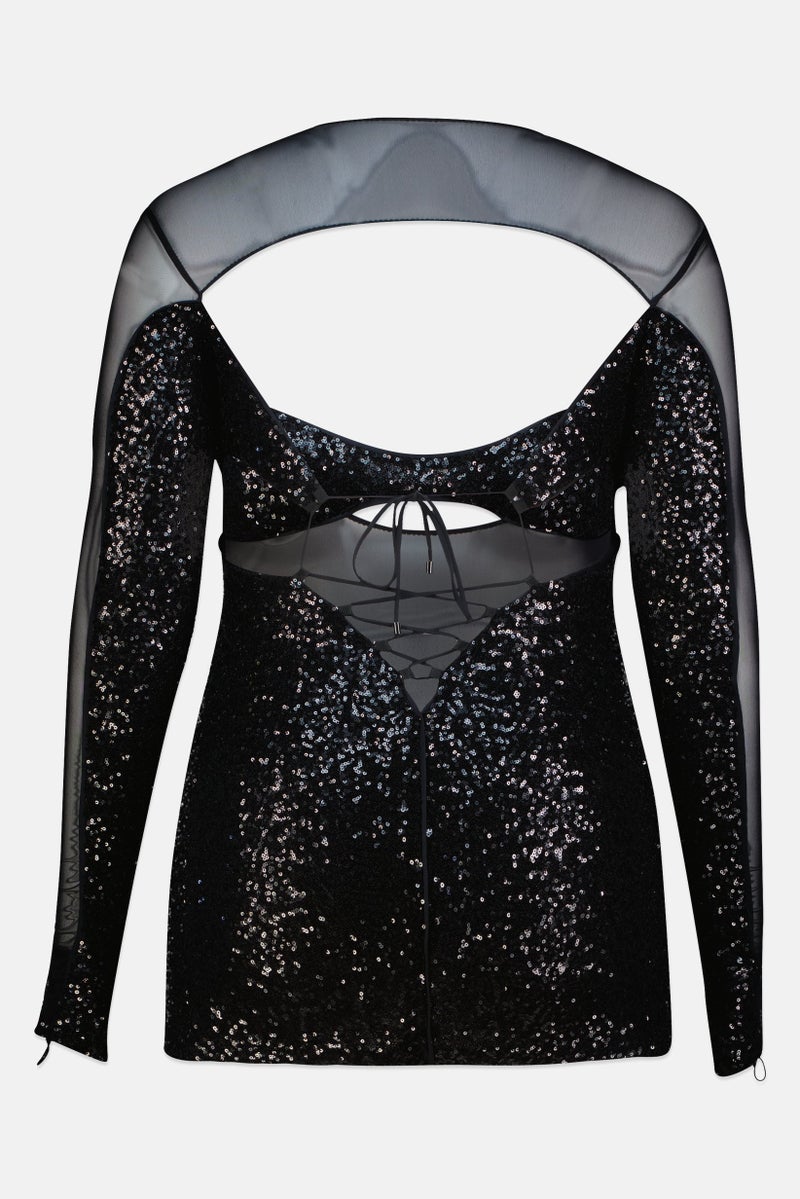 PINKO فستان حفلة قصير بأكمام طويلة مزين بالخرز، أسود - Image 3