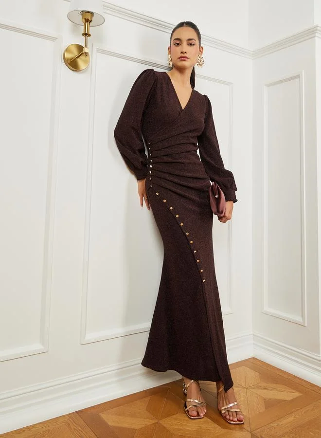 Styli Dark Purple Shimmering Pleated Maxi Dress