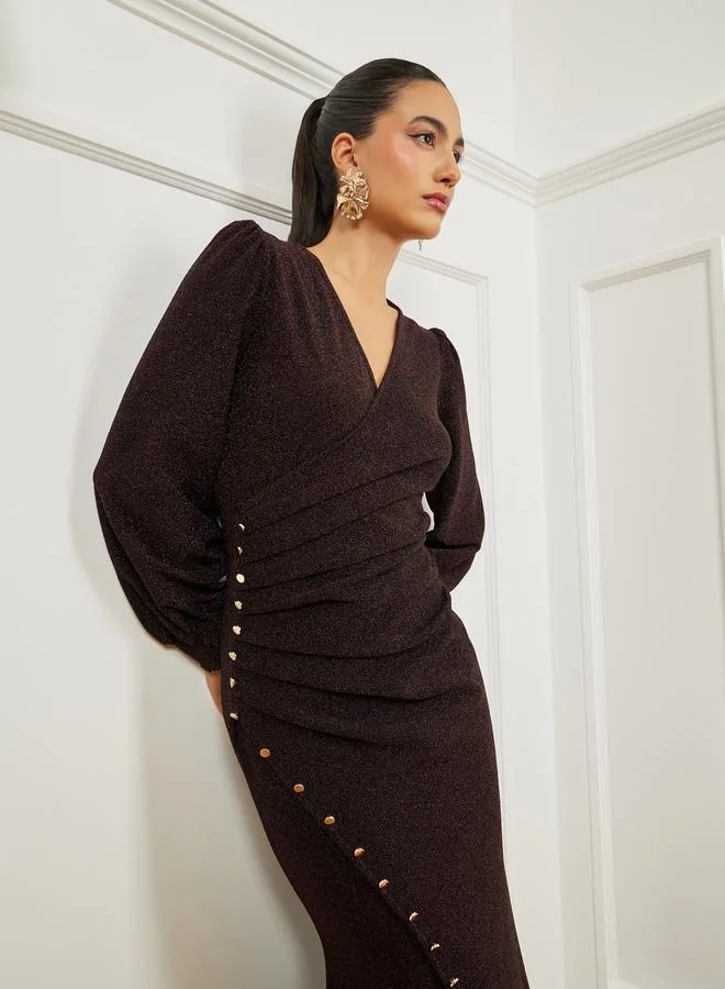 Styli Dark Purple Shimmering Pleated Maxi Dress