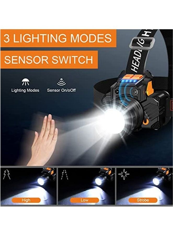 Led Headlamp Rechargeable Super Bright USB Head Lamp Motion Sensor Adjustable 3 Modes Zoomable Headlamp Flashlight Spotlight Water Resistant Head Light Black - Image 2