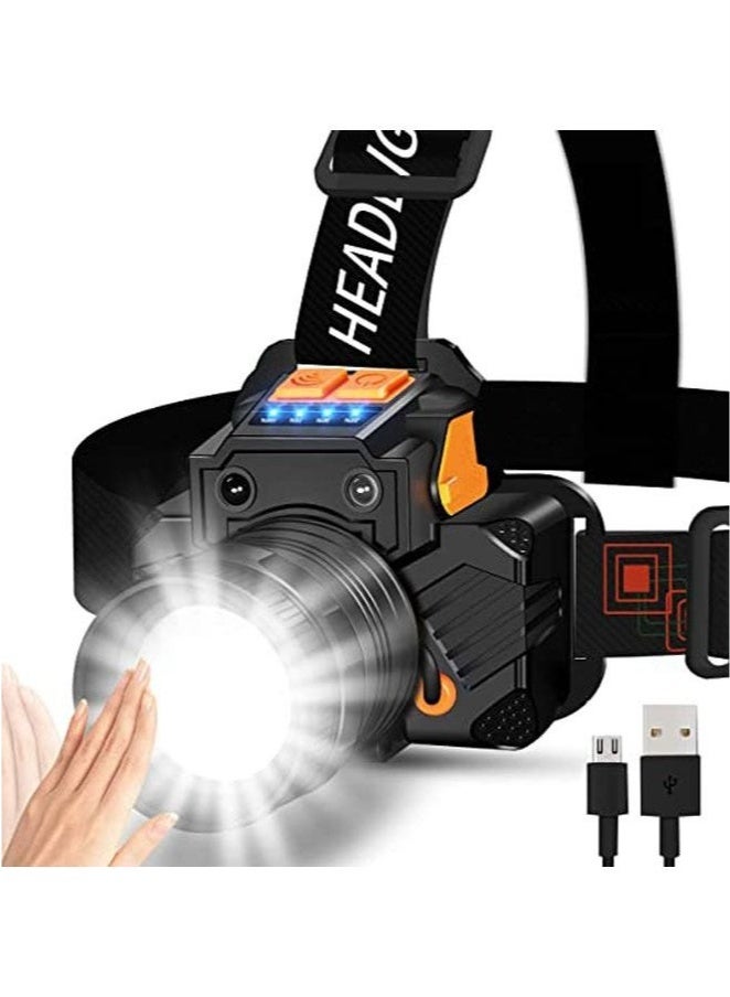 Led Headlamp Rechargeable Super Bright USB Head Lamp Motion Sensor Adjustable 3 Modes Zoomable Headlamp Flashlight Spotlight Water Resistant Head Light Black - Image 1