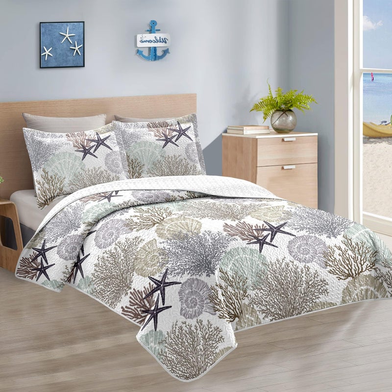 Tritard 3 Piece Coastal Quilt Sets Full/Queen Size - Reversible Microfiber Quilts with 2 Shams Soft Lightweight Beach Bedding Nautical Bedspread Summer Comforter Set for All Season, 90''x96'', C2 - Image 2