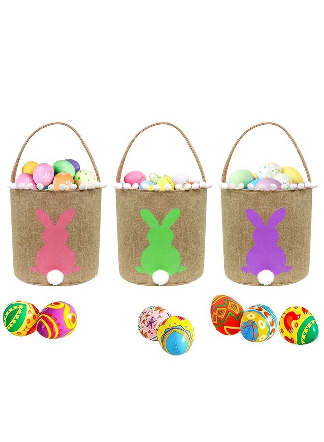 AOUTACC 3 Pack Easter Bunny Baskets, Easter Egg Hunt Bunny Bags Little Baskets with Fluffy Tail Canvas Cotton Rabbit Handbag Bucket Tote Bag for Kids Girls (Style 2, Green + Purple + Pink) - Image 1