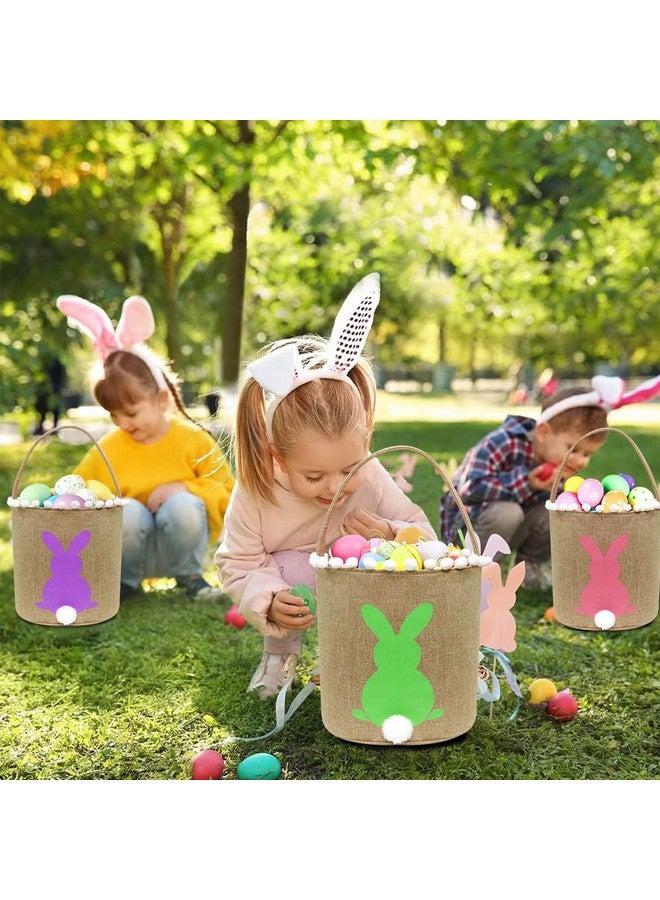 AOUTACC 3 Pack Easter Bunny Baskets, Easter Egg Hunt Bunny Bags Little Baskets with Fluffy Tail Canvas Cotton Rabbit Handbag Bucket Tote Bag for Kids Girls (Style 2, Green + Purple + Pink) - Image 3