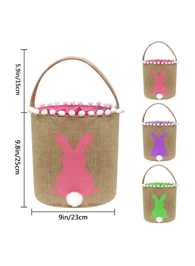 AOUTACC 3 Pack Easter Bunny Baskets, Easter Egg Hunt Bunny Bags Little Baskets with Fluffy Tail Canvas Cotton Rabbit Handbag Bucket Tote Bag for Kids Girls (Style 2, Green + Purple + Pink) - Image 2