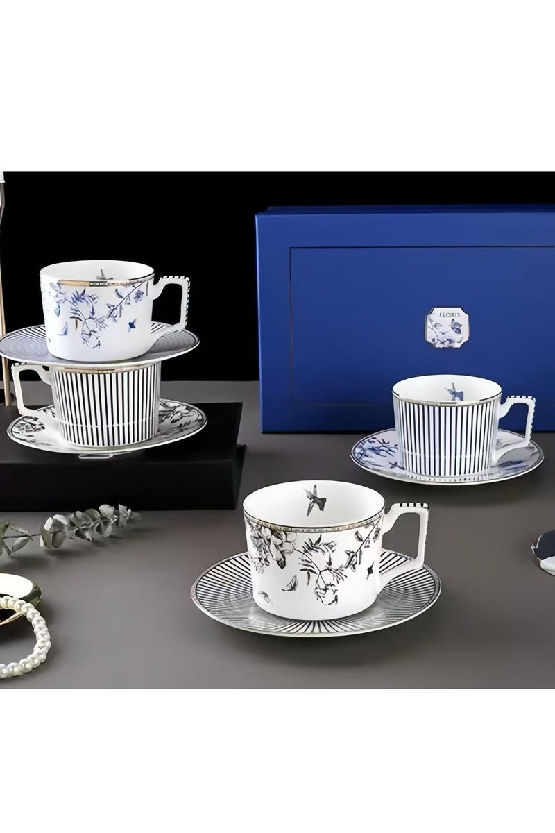 فلوريس مجموعة من 2 كوب شاي وصحون، 120 مل كوب قهوة مخطط بزخارف زهرية عتيقة، أكواب بريطانية من الخزف الصيني للقهوة والكابتشينو والإسبريسو واللاتيه للحفلات، صندوق هدايا لعيد الميلاد والزفاف - Image 3