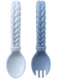 Itzy Ritzy Itzy Ritzy Silicone Spoon & Fork Set; Baby Utensils Featuring a Baby Fork and Spoon with Looped, Braided Handles - Made of 100% Food Grade Silicone & BPA-Free - Ages 6 Months and Up (Blue)  - Image 1