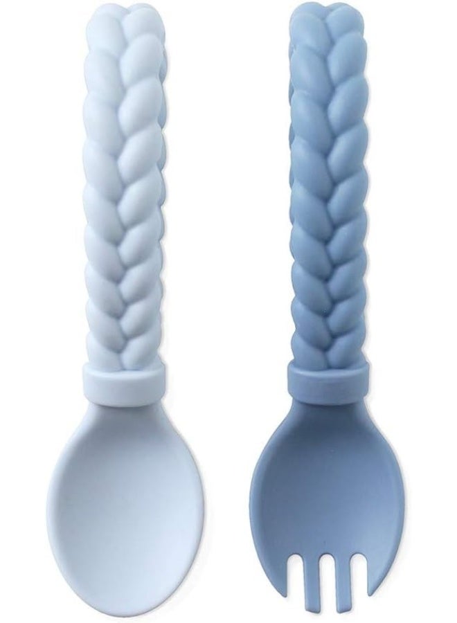 Itzy Ritzy Itzy Ritzy Silicone Spoon & Fork Set; Baby Utensils Featuring a Baby Fork and Spoon with Looped, Braided Handles - Made of 100% Food Grade Silicone & BPA-Free - Ages 6 Months and Up (Blue)  - Image 1