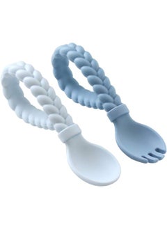 Itzy Ritzy Itzy Ritzy Silicone Spoon & Fork Set; Baby Utensils Featuring a Baby Fork and Spoon with Looped, Braided Handles - Made of 100% Food Grade Silicone & BPA-Free - Ages 6 Months and Up (Blue)  - Image 2