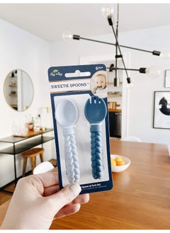 Itzy Ritzy Itzy Ritzy Silicone Spoon & Fork Set; Baby Utensils Featuring a Baby Fork and Spoon with Looped, Braided Handles - Made of 100% Food Grade Silicone & BPA-Free - Ages 6 Months and Up (Blue)  - Image 3