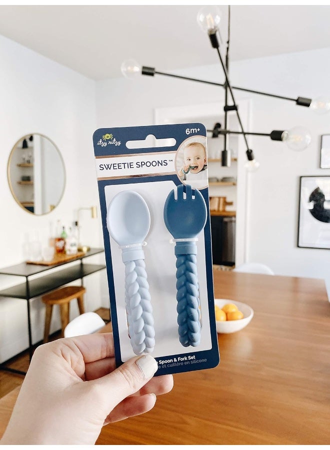 Itzy Ritzy Itzy Ritzy Silicone Spoon & Fork Set; Baby Utensils Featuring a Baby Fork and Spoon with Looped, Braided Handles - Made of 100% Food Grade Silicone & BPA-Free - Ages 6 Months and Up (Blue)  - Image 3