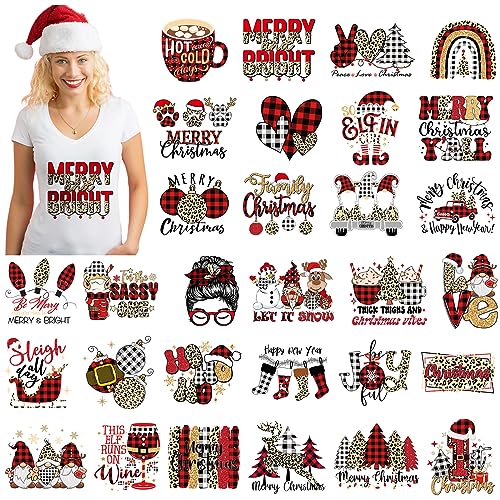 Perthlin 30 Pcs Christmas Iron on Transfers Buffalo Plaid Iron on Decals Patches Christmas Heat Transfers Vinyl Ready to Press Cute Xmas Decals for T Shirts Clothes Bag Pillow Covers DIY Decorations