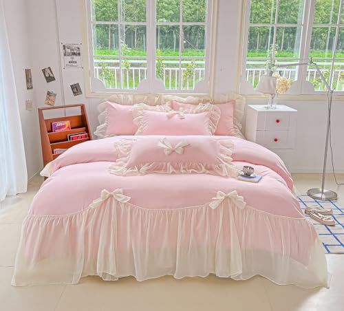 SOUKECHY Chic Lace Bedding,Girls Twin Aesthetic Comforter Cover Set,Romantic French Princess Style Ruffled Duvet Cover with Lovely Bow with Zipper Closure-Pink,Twin Size - Image 1