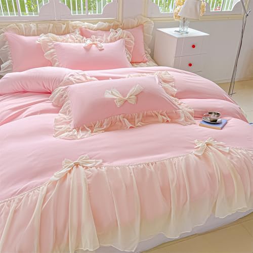 SOUKECHY Chic Lace Bedding,Girls Twin Aesthetic Comforter Cover Set,Romantic French Princess Style Ruffled Duvet Cover with Lovely Bow with Zipper Closure-Pink,Twin Size - Image 5