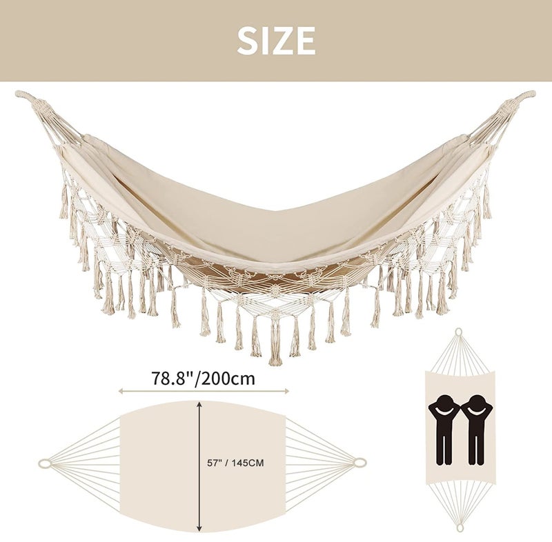 Bellzacasa Double Hammock, Heavy Duty 500 lb Load Capacity Tassels and Fishtail Knitting with Mounting Straps for Outdoor Camping Patio Balcony Beige - Image 2