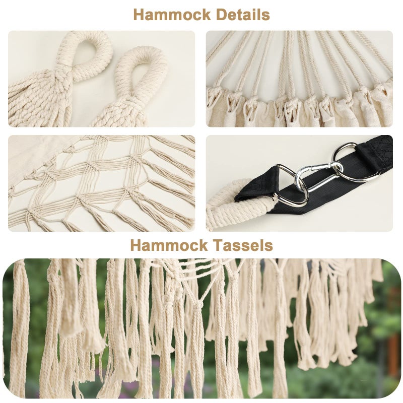 Bellzacasa Double Hammock, Heavy Duty 500 lb Load Capacity Tassels and Fishtail Knitting with Mounting Straps for Outdoor Camping Patio Balcony Beige - Image 3