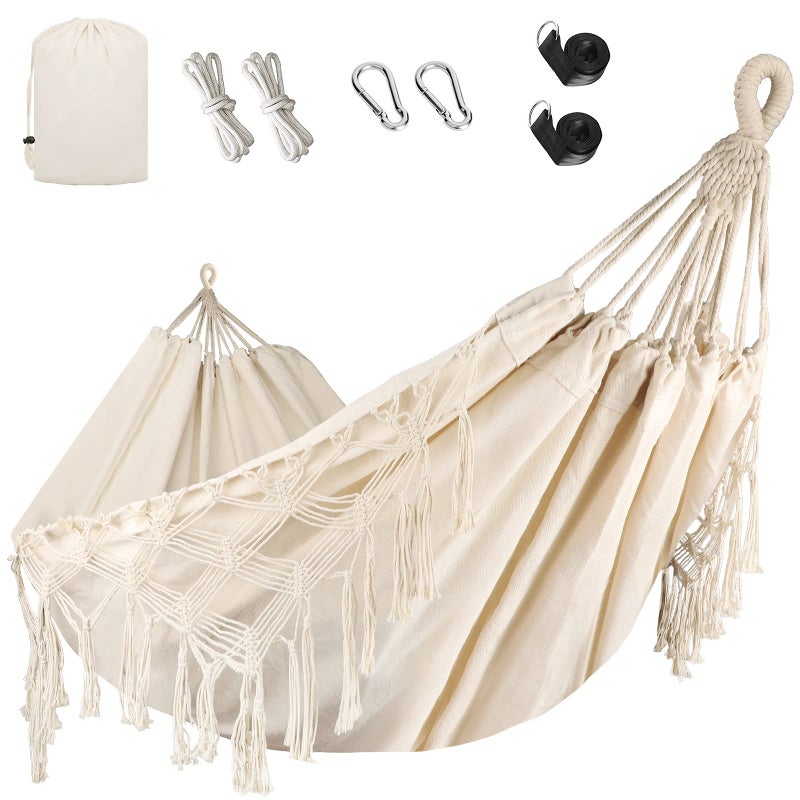Bellzacasa Double Hammock, Heavy Duty 500 lb Load Capacity Tassels and Fishtail Knitting with Mounting Straps for Outdoor Camping Patio Balcony Beige - Image 1
