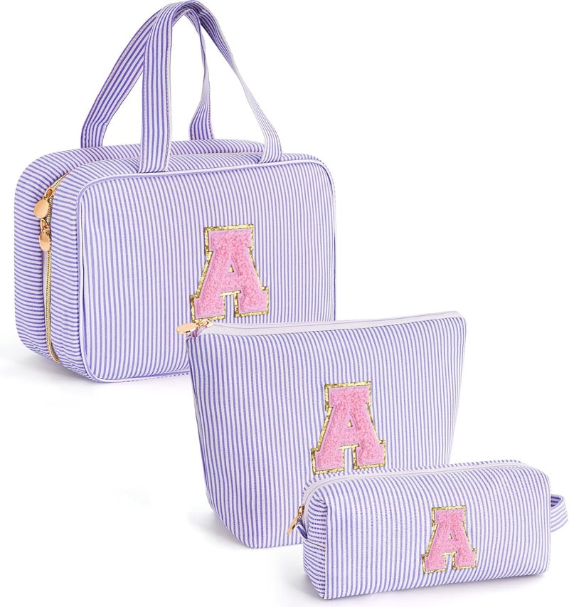Fystdtote Initial Toiletry Bag Travel Makeup Bag | Teen Girl Gifts Trendy Stuff | Gifts for 3 4 5 6 7 8 9 10 11 12 13 Year Old Girls | Christmas Gifts for Teen Girls Stocking Stuffers - Lavender A - Image 1