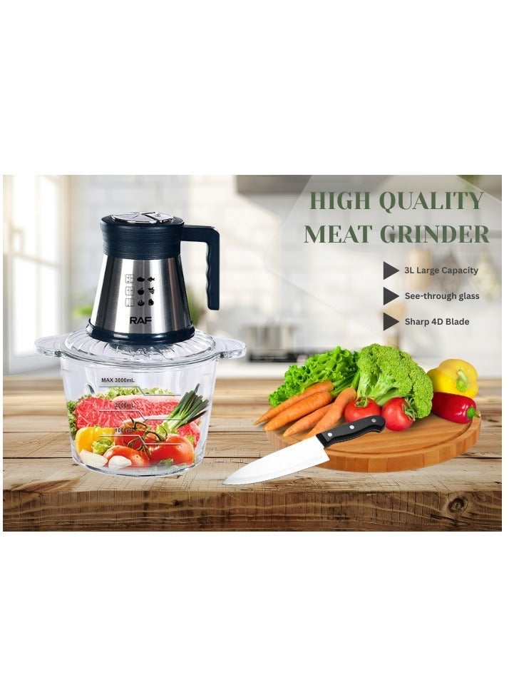RAF Food Processor 800W – 3L Capacity Electric Chopper with Four Sharp Spiral Blades, Stainless Steel Motor, Multi-Function Meat, Vegetable & Fruit Grinder - Image 2